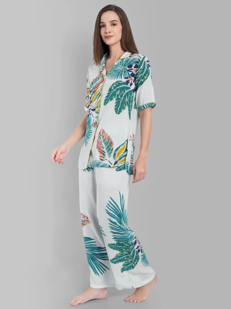 Tropical Print Co-Ord Nightwear Set in Soft White Cotton | Pashet