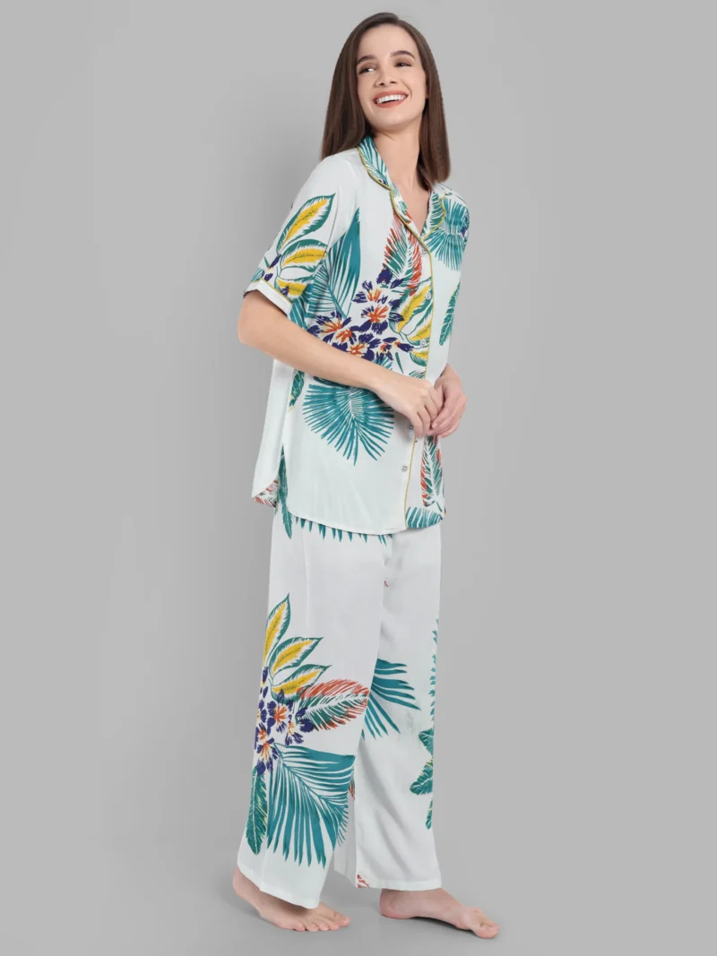 Tropical Print Co-Ord Nightwear Set in Soft White Cotton | Pashet