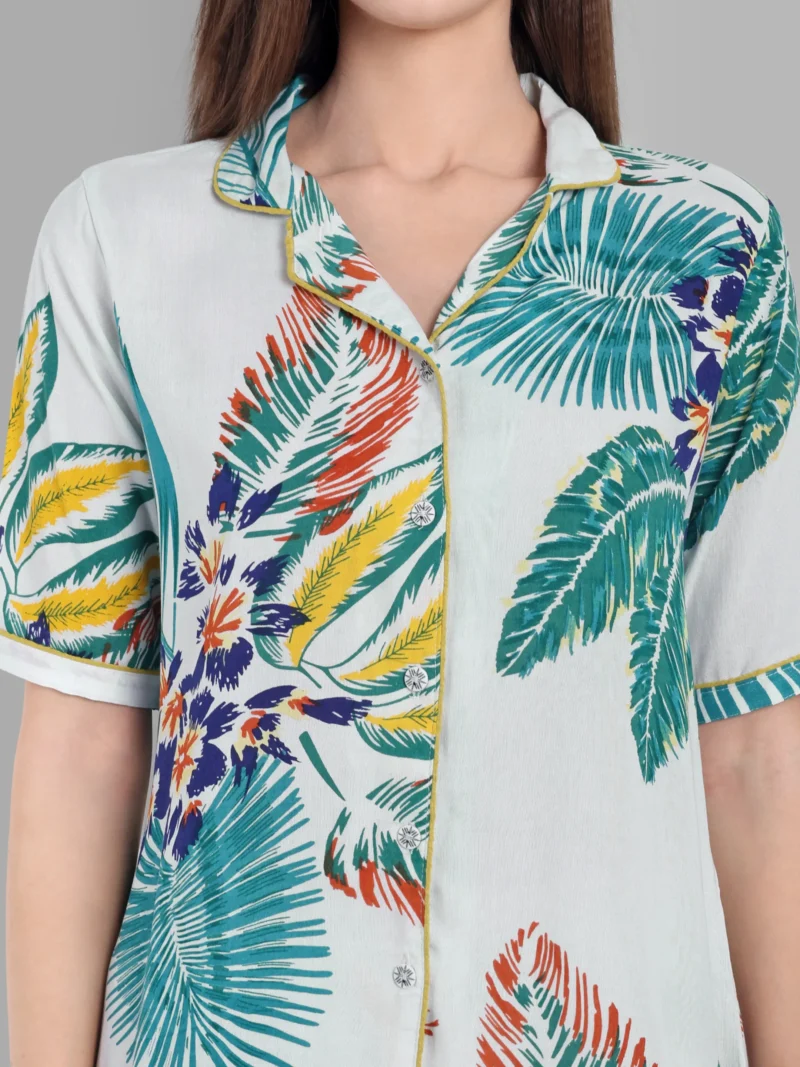 Tropical Print Co-Ord Nightwear Set in Soft White Cotton | Pashet