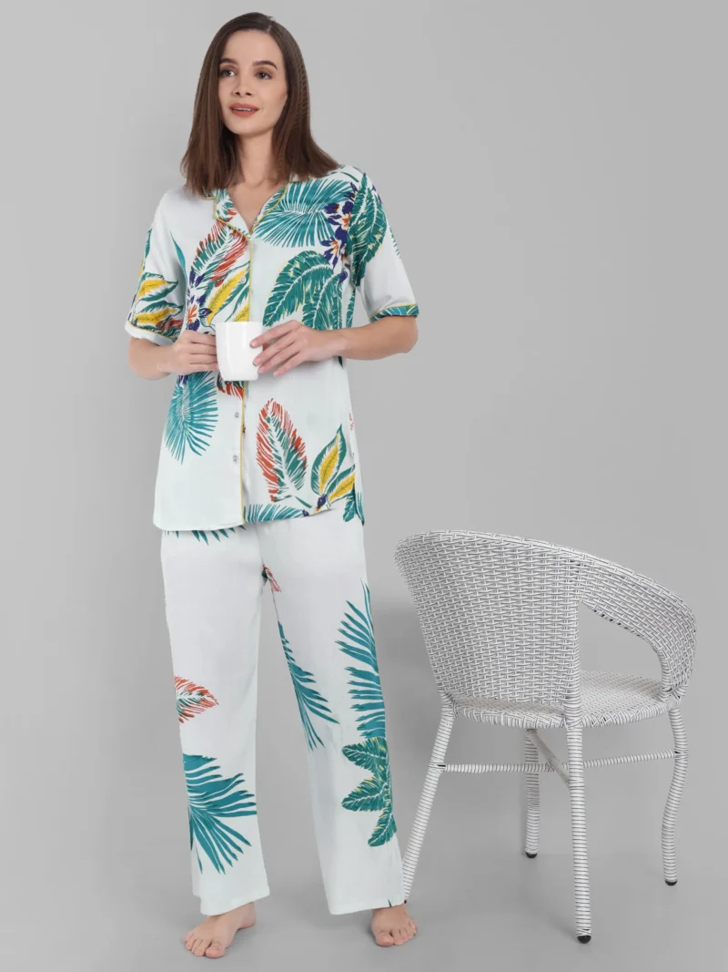 Tropical Print Co-Ord Nightwear Set in Soft White Cotton | Pashet
