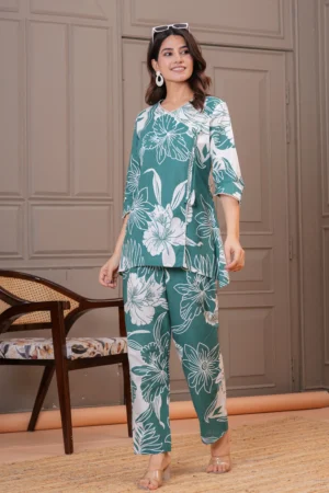 Green Floral Print Cotton Co-Ord | Pashet