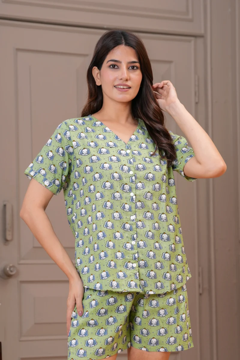 Elephant Print Cotton Button-Down Night Suit | Pashet