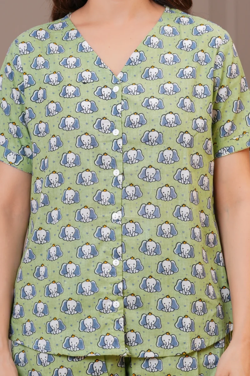 Elephant Print Cotton Button-Down Night Suit | Pashet